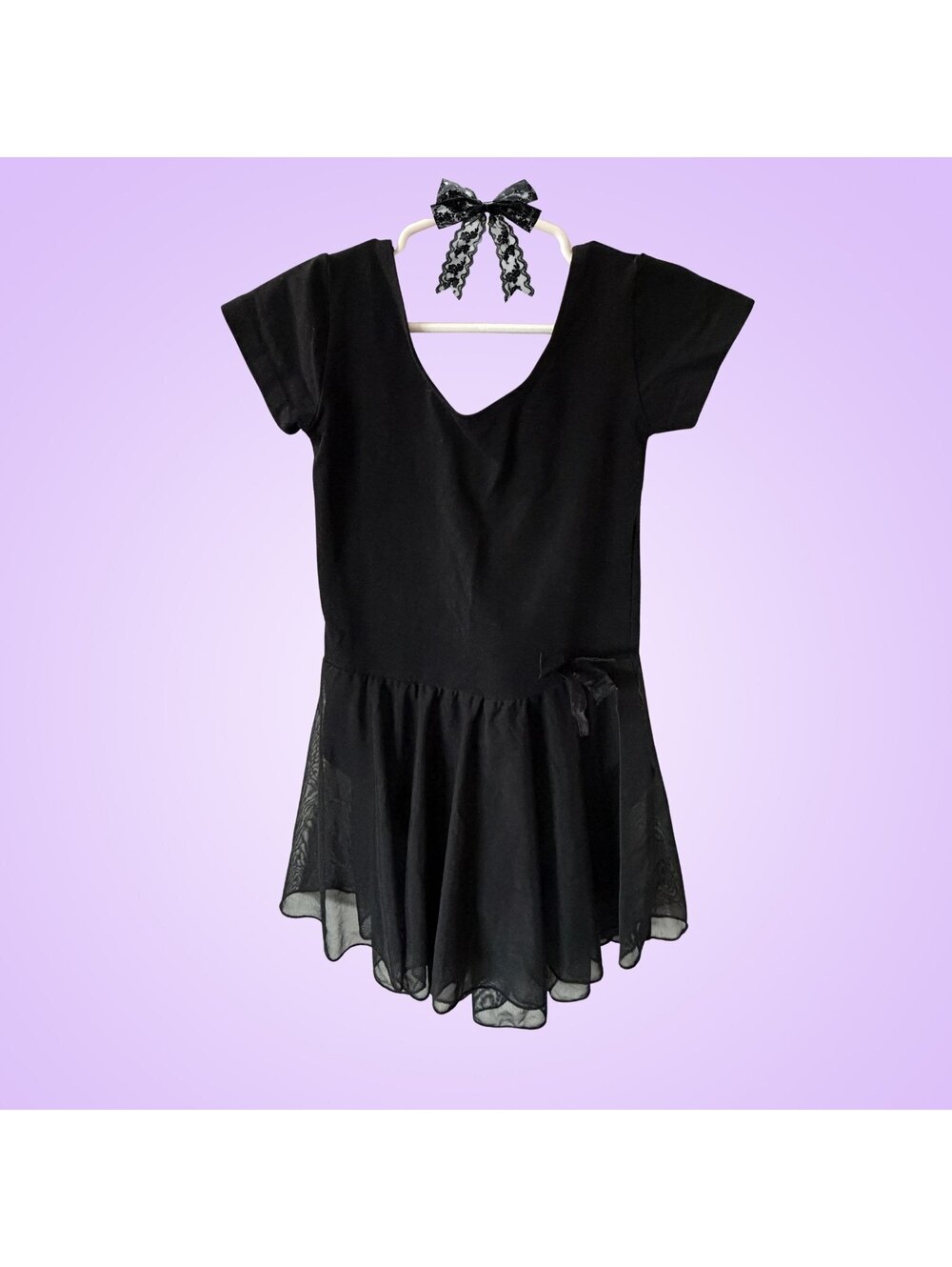 Girls Size 7–8 Black Short-Sleeve Ballet Leotard Dress | Chiffon Skirt